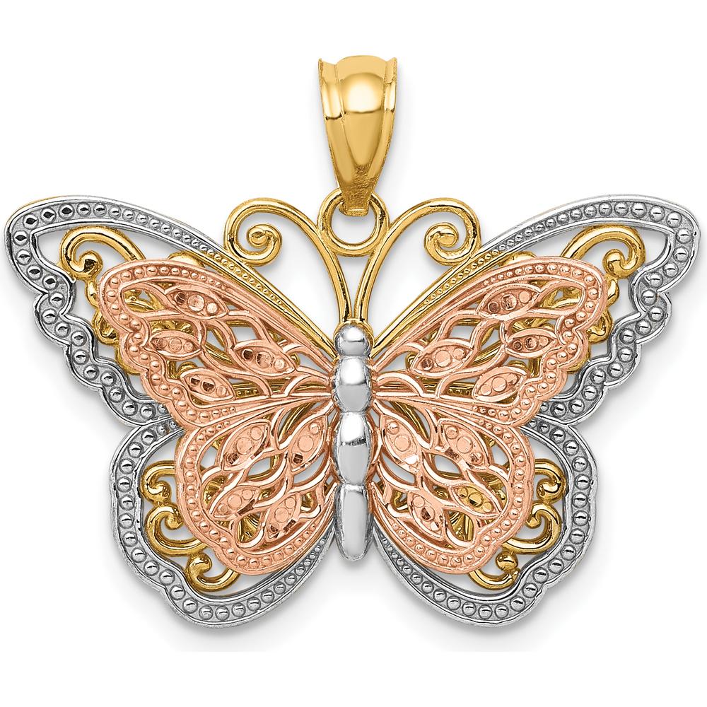 14K Two-Tone Gold and Rhodium Butterfly Pendant with Textured Detail by Oro Pregiato
