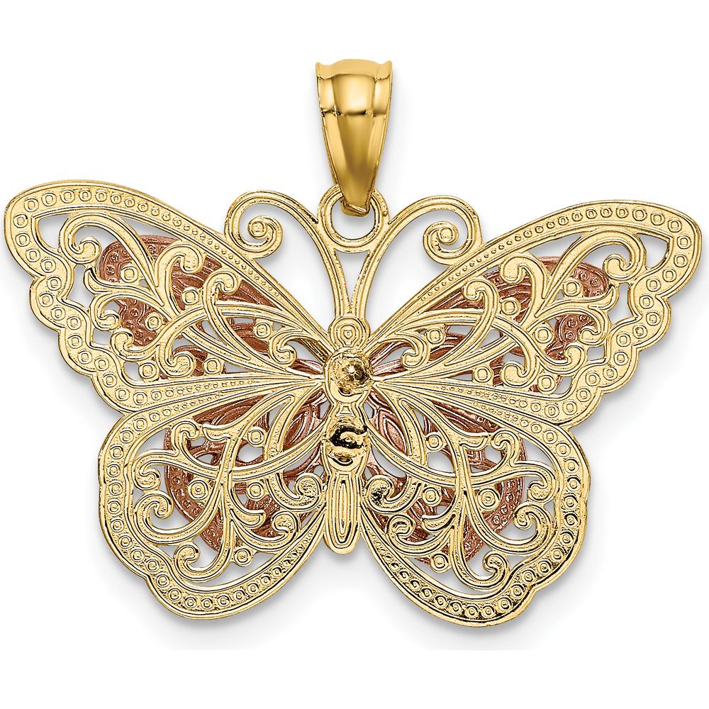 14K Two-Tone Gold and Rhodium Butterfly Pendant with Textured Detail by Oro Pregiato