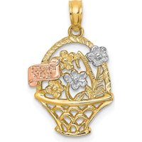 14K Two-Tone Gold and Rhodium Flower Basket Pendant with "I LOVE YOU" Charm - 20.2mm Length by Oro Pregiato