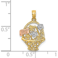 14K Two-Tone Gold and Rhodium Flower Basket Pendant with "I LOVE YOU" Charm - 20.2mm Length by Oro Pregiato