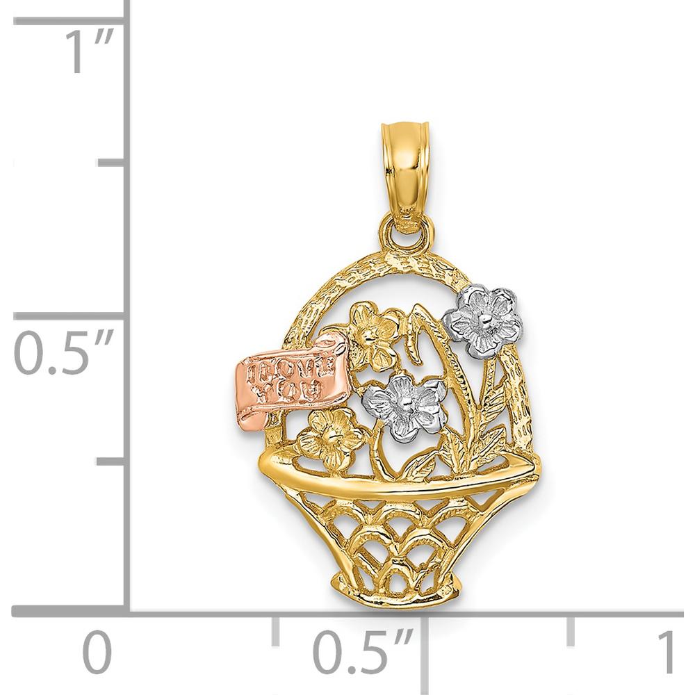 14K Two-Tone Gold and Rhodium Flower Basket Pendant with "I LOVE YOU" Charm - 20.2mm Length by Oro Pregiato