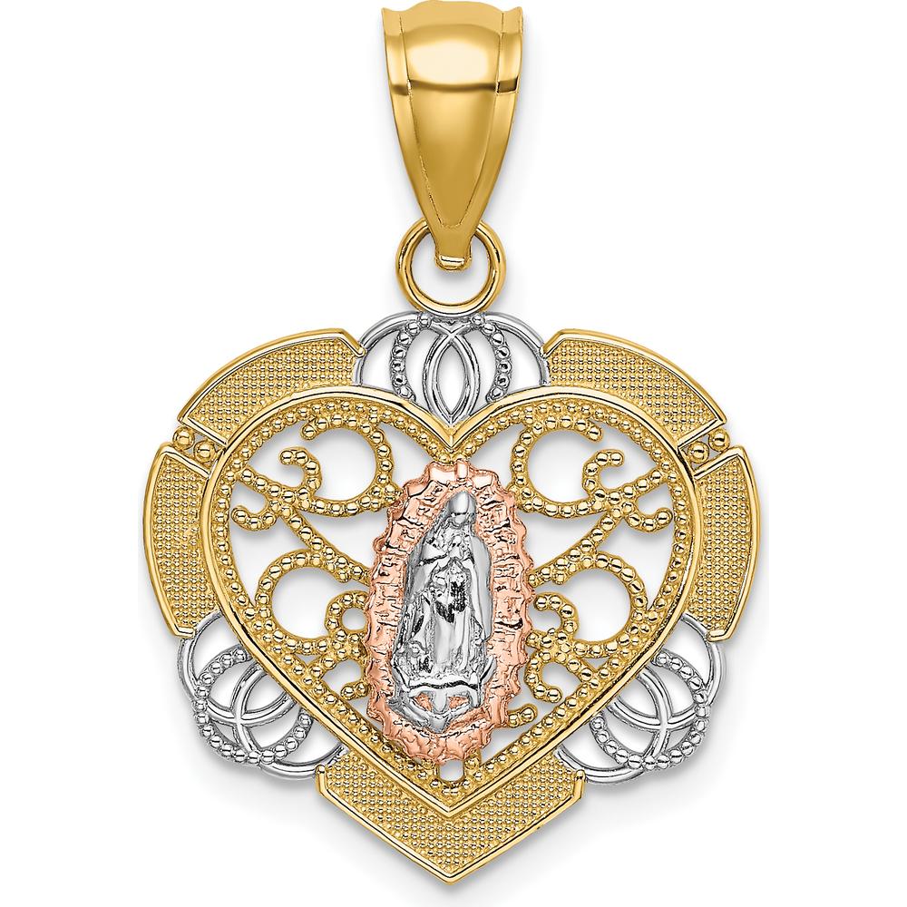 14K Two-Tone Gold and Rhodium Heart Pendant with Our Lady of Guadalupe Charm by Oro Pregiato