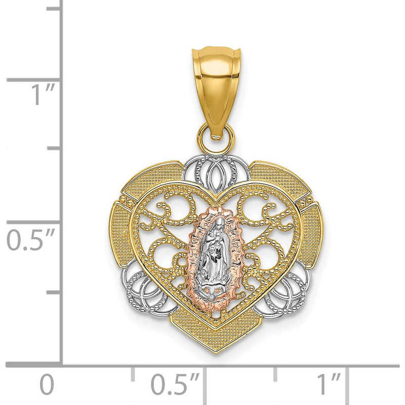 14K Two-Tone Gold and Rhodium Heart Pendant with Our Lady of Guadalupe ...