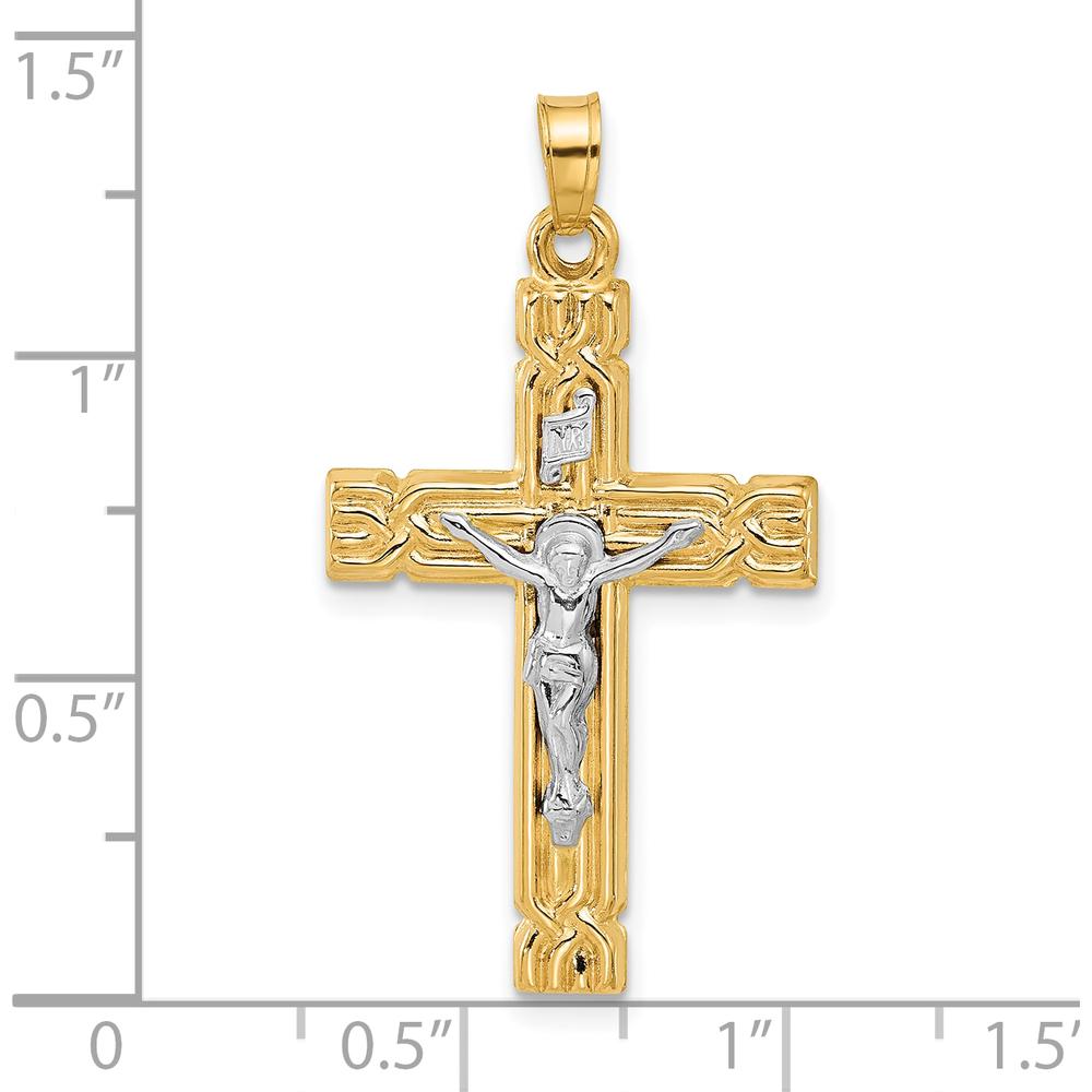 14K Two-Tone Gold and Rhodium Hollow INRI Crucifix Pendant - 34.2mm Length by Oro Pregiato