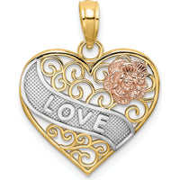 14K Two-Tone Gold and Rhodium LOVE Banner Filigree Heart Pendant with Rose Gold Flower Accent by Oro Pregiato