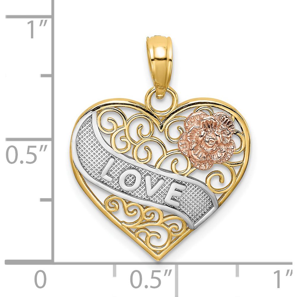 14K Two-Tone Gold and Rhodium LOVE Banner Filigree Heart Pendant with Rose Gold Flower Accent by Oro Pregiato