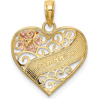 14K Two-Tone Gold and Rhodium LOVE Banner Filigree Heart Pendant with Rose Gold Flower Accent by Oro Pregiato
