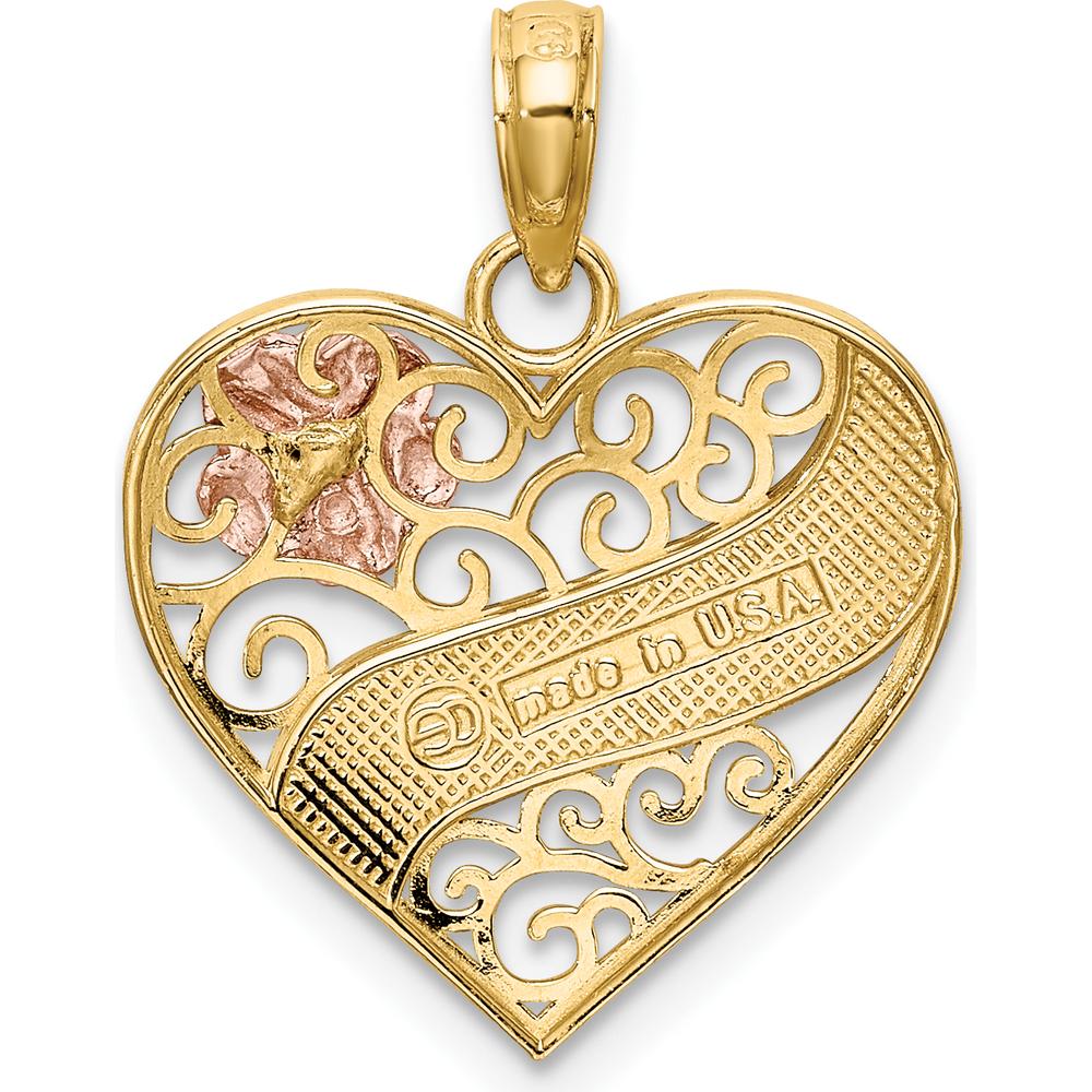 14K Two-Tone Gold and Rhodium LOVE Banner Filigree Heart Pendant with Rose Gold Flower Accent by Oro Pregiato