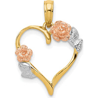 14K Two-Tone Gold and Rhodium Polished Flower Heart Pendant - 22mm Length by Oro Pregiato