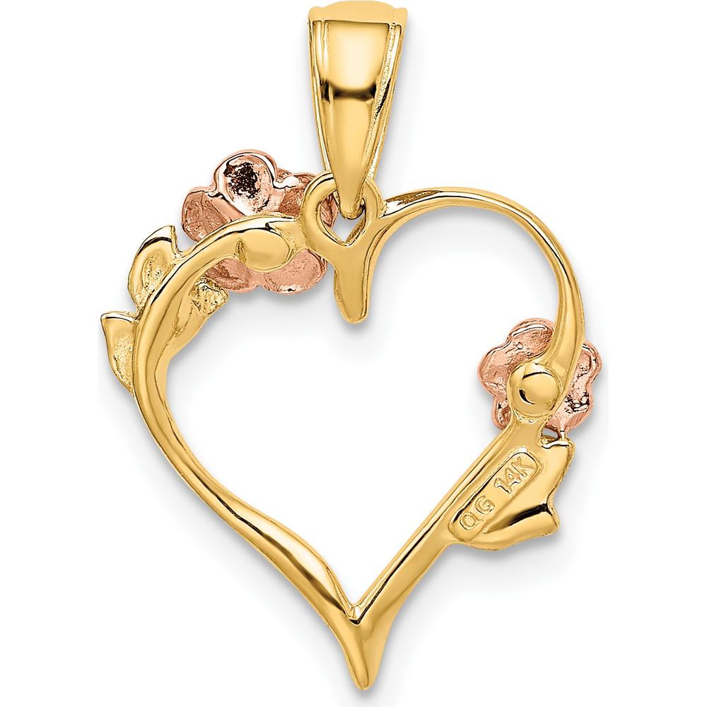 14K Two-Tone Gold and Rhodium Polished Flower Heart Pendant - 22mm Length by Oro Pregiato