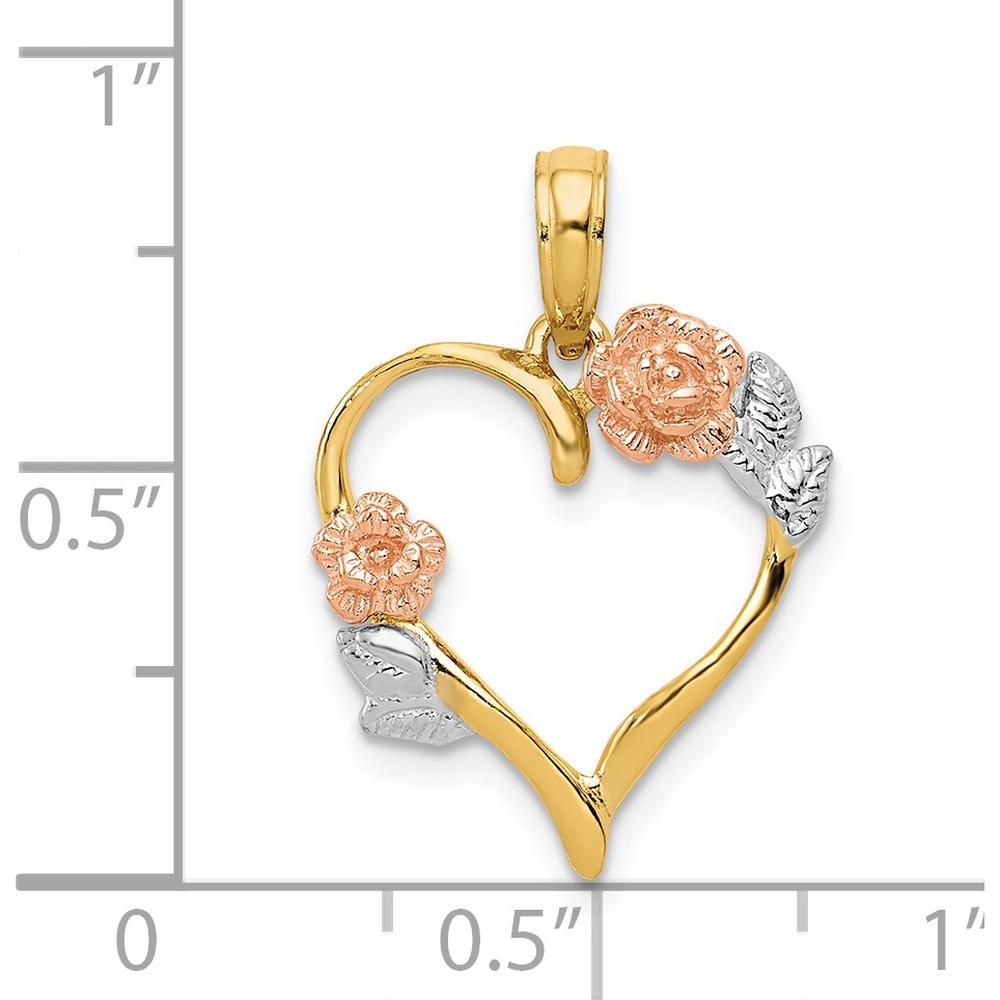 14K Two-Tone Gold and Rhodium Polished Flower Heart Pendant - 22mm Length by Oro Pregiato
