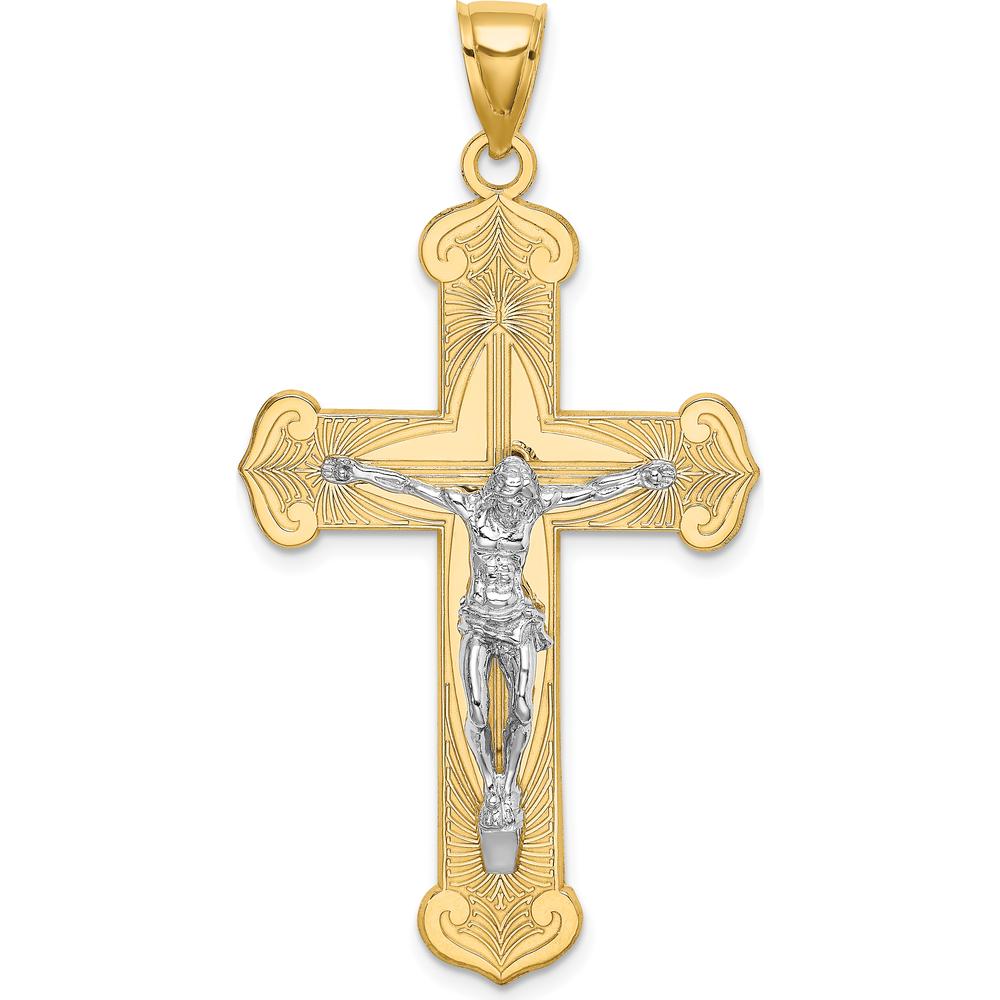 14K Two-Tone Gold and Rhodium Textured Crucifix Pendant - 50.95mm Length by Oro Pregiato