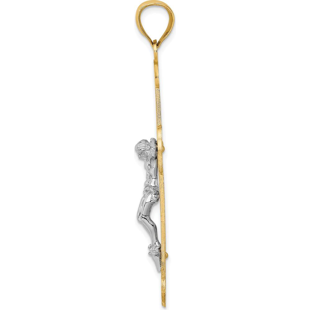 14K Two-Tone Gold and Rhodium Textured Crucifix Pendant - 50.95mm Length by Oro Pregiato