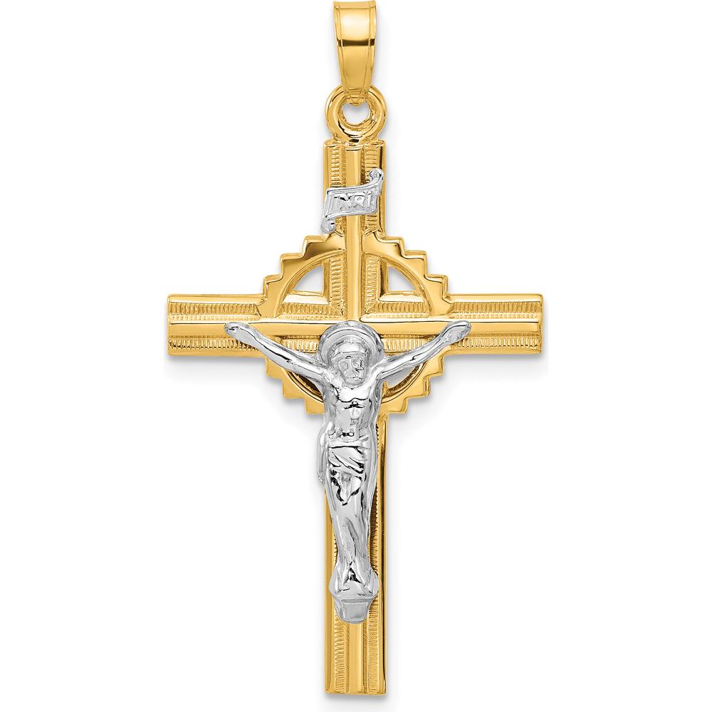 14K Two-Tone Gold and Rhodium Textured Hollow INRI Iona Crucifix Pendant by Oro Pregiato
