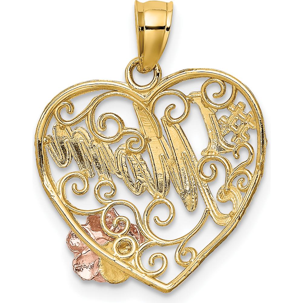 14K Two-Tone Gold and Rose Gold #1 MOM Heart Charm with Filigree Design by Oro Pregiato