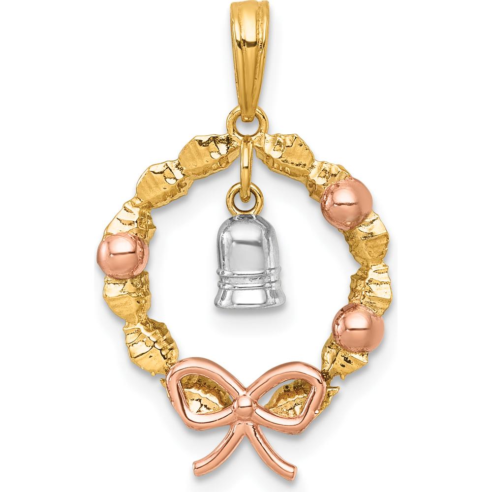 14K Two-Tone Gold and Rose-Plated Polished Wreath Pendant with Dangle Bell Charm by Oro Pregiato