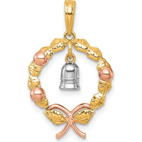 14K Two-Tone Gold and Rose-Plated Polished Wreath Pendant with Dangle Bell Charm by Oro Pregiato