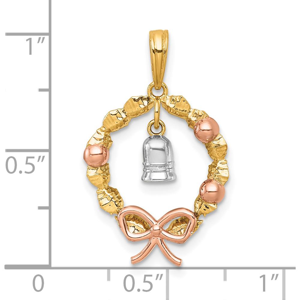 14K Two-Tone Gold and Rose-Plated Polished Wreath Pendant with Dangle Bell Charm by Oro Pregiato