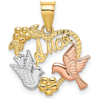 14K Two-Tone Gold and White Rhodium "AMOR" Heart Pendant with Doves Charm - 23.5mm Length by Oro Pregiato