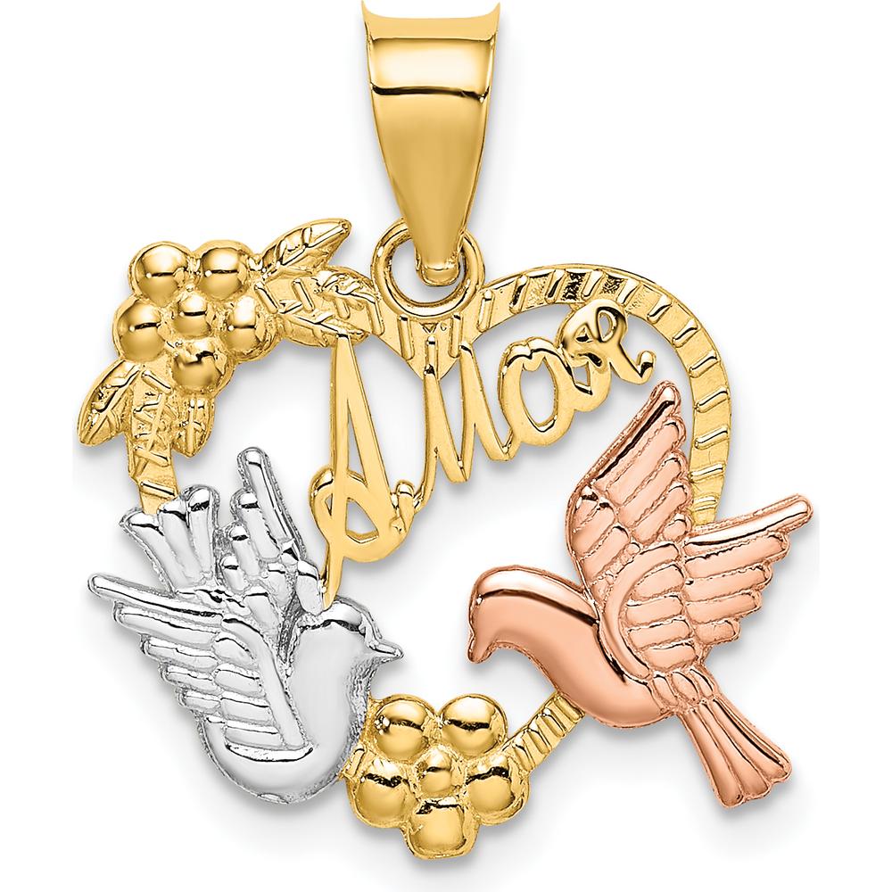 14K Two-Tone Gold and White Rhodium "AMOR" Heart Pendant with Doves Charm - 23.5mm Length by Oro Pregiato