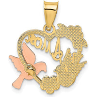 14K Two-Tone Gold and White Rhodium "AMOR" Heart Pendant with Doves Charm - 23.5mm Length by Oro Pregiato