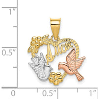 14K Two-Tone Gold and White Rhodium "AMOR" Heart Pendant with Doves Charm - 23.5mm Length by Oro Pregiato