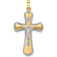 14K Two-Tone Gold and White Rhodium Hollow INRI Crucifix Pendant with Beaded Texture - 35.8mm Length by Oro Pregiato
