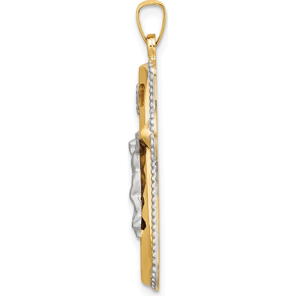 14K Two-Tone Gold and White Rhodium Hollow INRI Crucifix Pendant with Beaded Texture - 35.8mm Length by Oro Pregiato