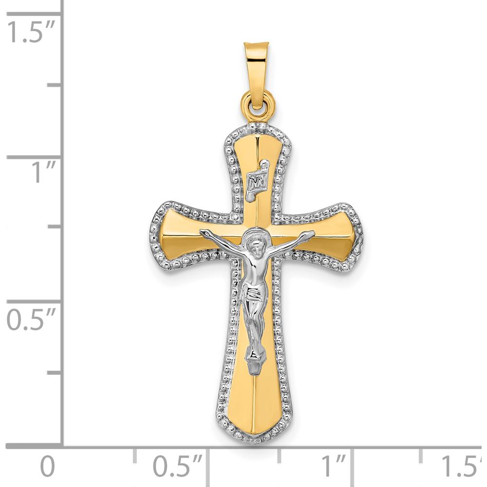 14K Two-Tone Gold and White Rhodium Hollow INRI Crucifix Pendant with Beaded Texture - 35.8mm Length by Oro Pregiato
