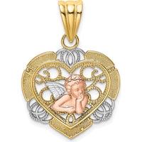 14K Two-Tone Gold Angel Heart Pendant with White Rhodium and Textured Detail by Oro Pregiato