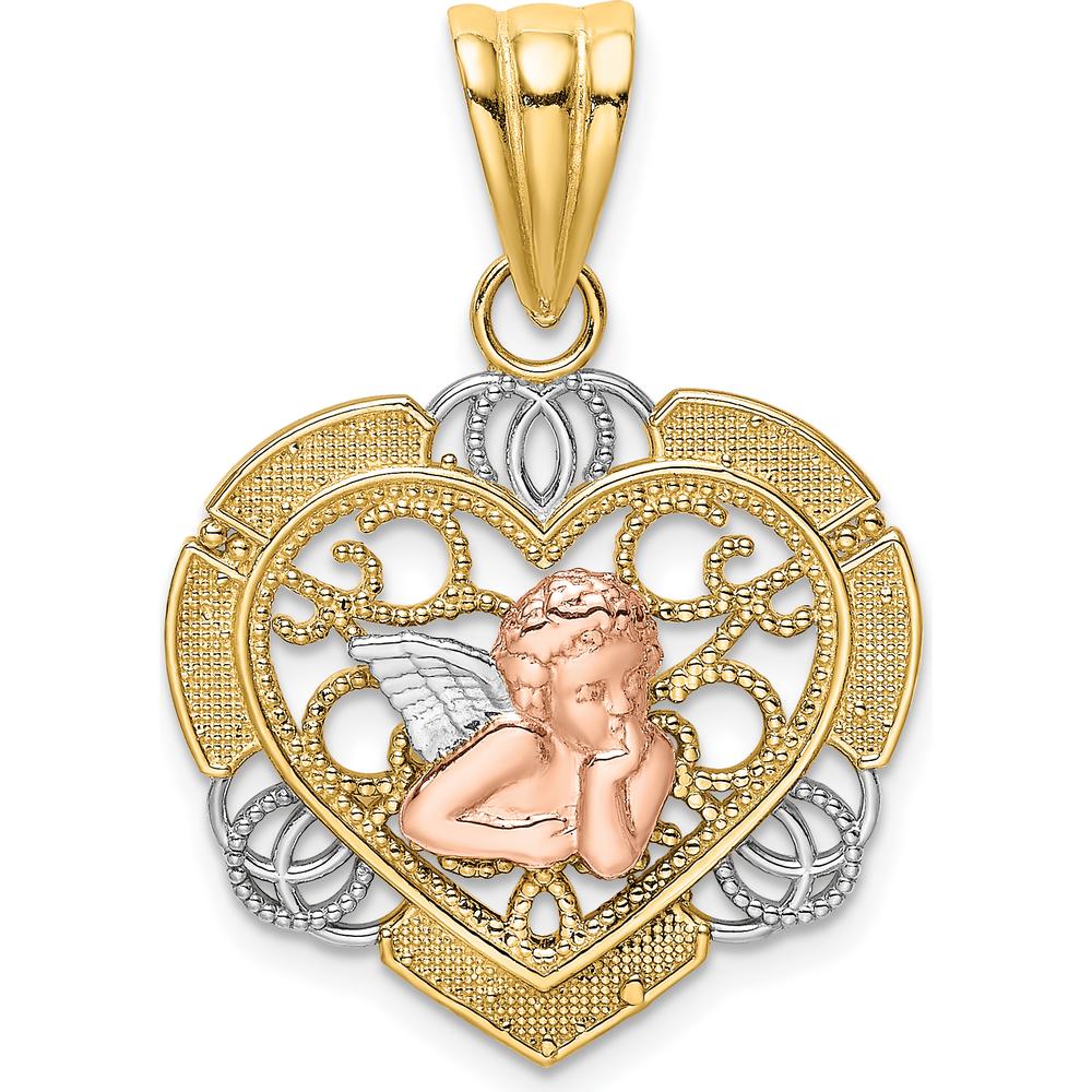14K Two-Tone Gold Angel Heart Pendant with White Rhodium and Textured Detail by Oro Pregiato