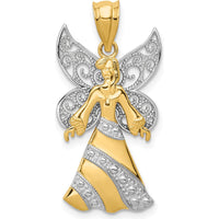 14K Two-Tone Gold Angel Pendant with White Rhodium Filigree Wings - 25mm Length by Oro Pregiato