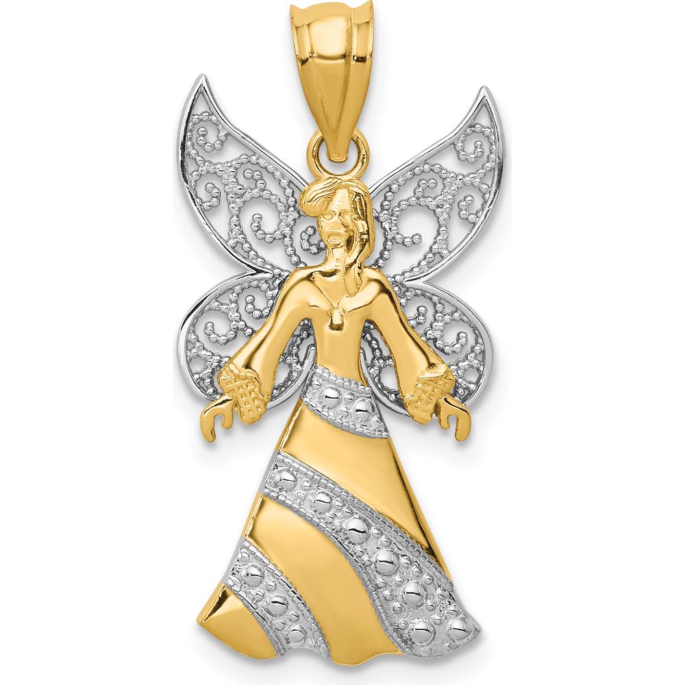 14K Two-Tone Gold Angel Pendant with White Rhodium Filigree Wings - 25mm Length by Oro Pregiato