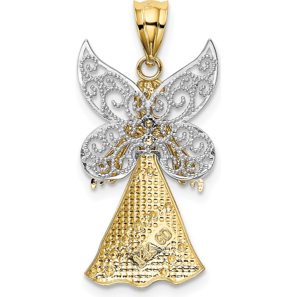 14K Two-Tone Gold Angel Pendant with White Rhodium Filigree Wings - 25mm Length by Oro Pregiato