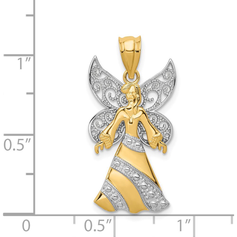 14K Two-Tone Gold Angel Pendant with White Rhodium Filigree Wings - 25mm Length by Oro Pregiato