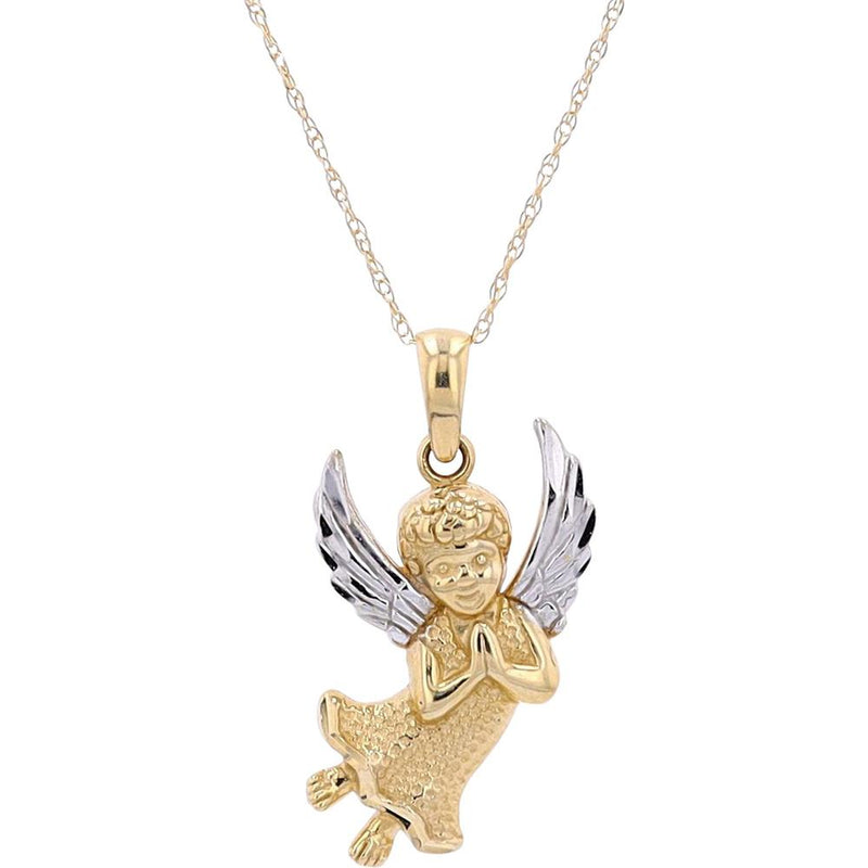 14K Two-Tone Gold Angel Pendant with Yellow and White Gold Wings on an 18-Inch Chain