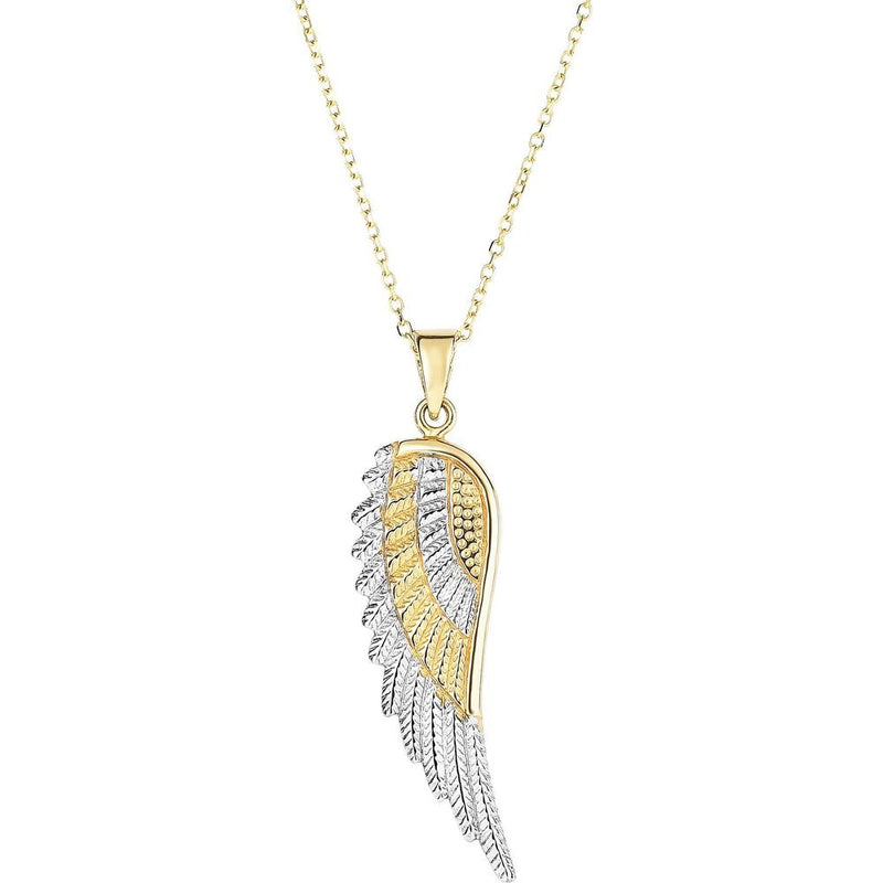 14K Two-Tone Gold Angel Wing Pendant Necklace with Diamond-Cut Finish - 18" Chain by Orozza Fine Jewelry