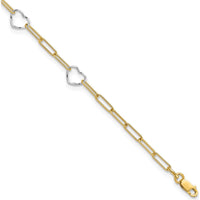 14K Two-Tone Gold Anklet with Heart Charms and Paperclip Links - 10" Adjustable Length