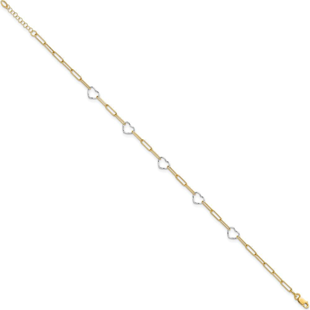 14K Two-Tone Gold Anklet with Heart Charms and Paperclip Links - 10" Adjustable Length