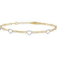 14K Two-Tone Gold Anklet with Heart Charms and Paperclip Links - 10" Adjustable Length