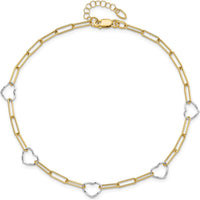14K Two-Tone Gold Anklet with Heart Charms and Paperclip Links - 10" Adjustable Length
