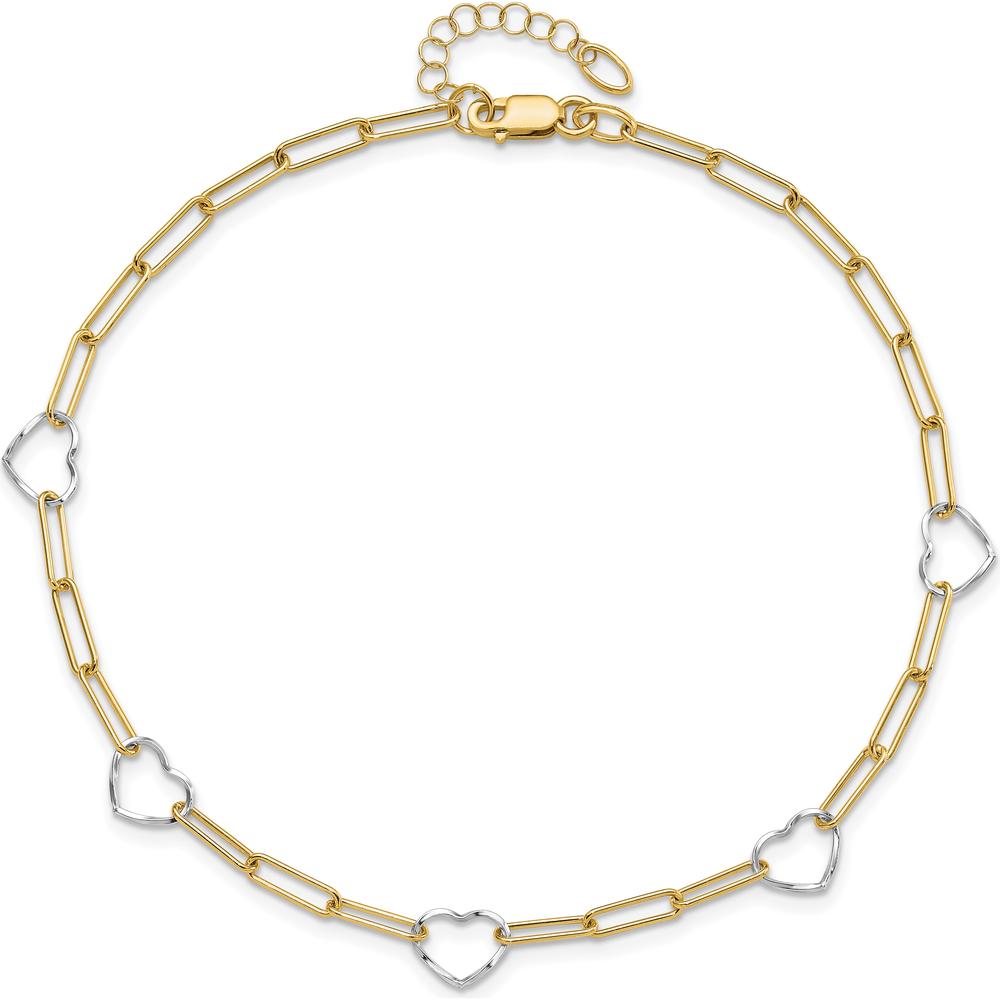 14K Two-Tone Gold Anklet with Heart Charms and Paperclip Links - 10" Adjustable Length