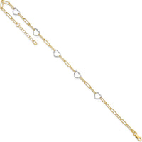 14K Two-Tone Gold Anklet with Heart Charms and Paperclip Links - 10" Adjustable Length