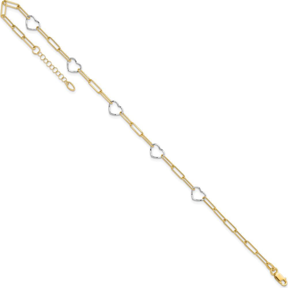 14K Two-Tone Gold Anklet with Heart Charms and Paperclip Links - 10" Adjustable Length