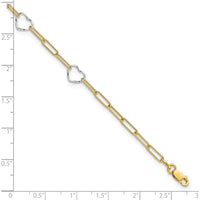 14K Two-Tone Gold Anklet with Heart Charms and Paperclip Links - 10" Adjustable Length