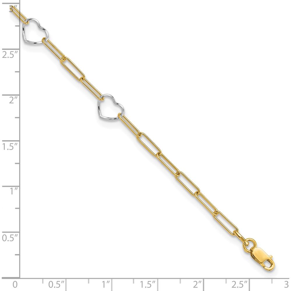 14K Two-Tone Gold Anklet with Heart Charms and Paperclip Links - 10" Adjustable Length