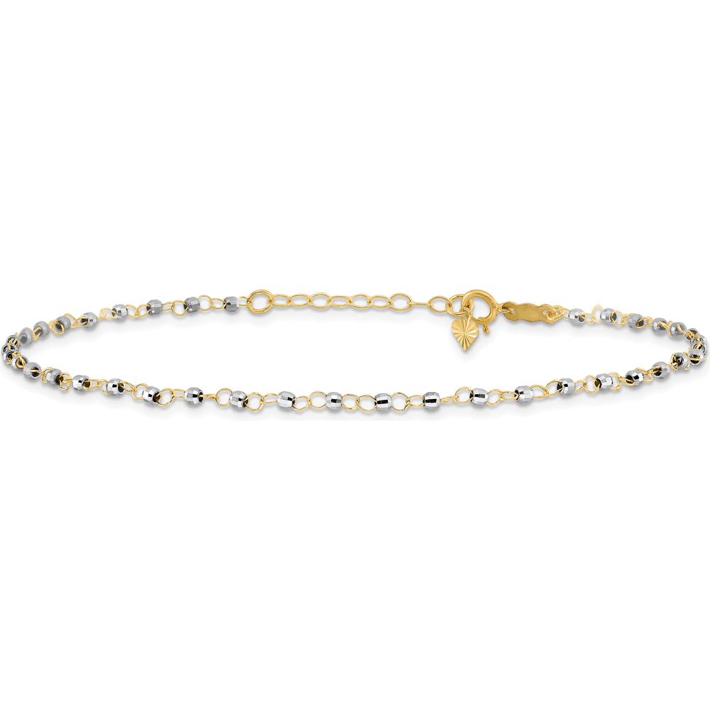 14K Two-Tone Gold Anklet with Mirror Beads and Diamond-Cut Texture - 10" Total Length (9" + 1" Extender)