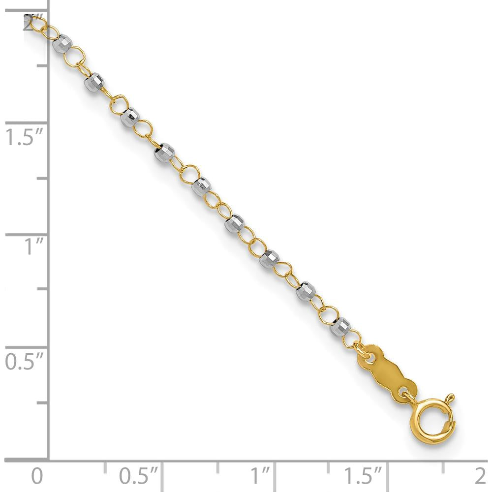 14K Two-Tone Gold Anklet with Mirror Beads and Diamond-Cut Texture - 10" Total Length (9" + 1" Extender)