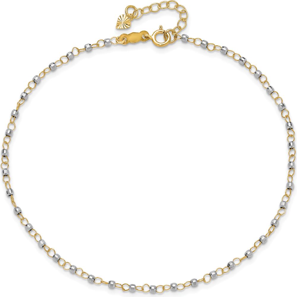 14K Two-Tone Gold Anklet with Mirror Beads and Diamond-Cut Texture - 10" Total Length (9" + 1" Extender)