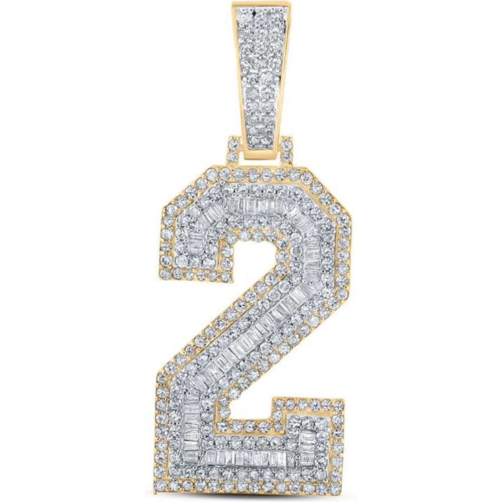 14K Two-Tone Gold Baguette and Round Diamond Number 2 Charm Pendant - 1.62 Carat Total Diamond Weight
